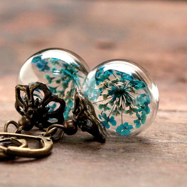 Earrings with turquoise colored dill flowers queen annes lace gift for her- E174