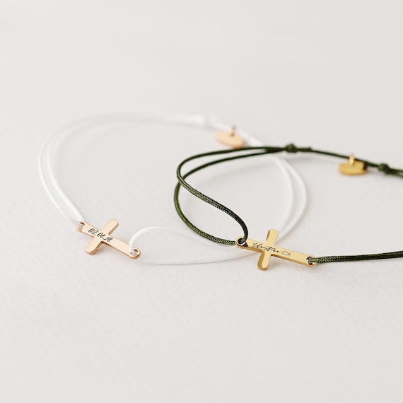 Personalisierte Nylon Kreuzarmband - Wunschgravur - Kommunion - Konfirmation - Firmung - Kreuz Schmuck - Christliche Geschenke - A218