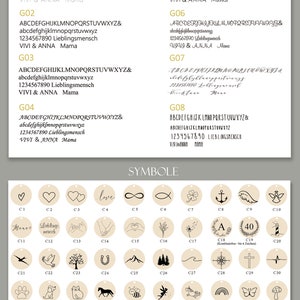May include: A chart with different font styles and a grid of 50 round icons. The chart is titled "Schriftarten" and the grid is titled "Symbole". The icons include a heart, infinity symbol, a fish, a clover, an anchor, a wing, a hand holding a heart, a tree, a horseshoe, a mountain, a wave, a compass, a cross, a heart beat, a paw print, a bird, a tree, a horse, a bee, a fairy, a unicorn, a rainbow, a butterfly, a mushroom, a star, a sun, a paper airplane, a paper boat, a sun, a lotus flower, a bird, a footprint, a girl, and a girl.