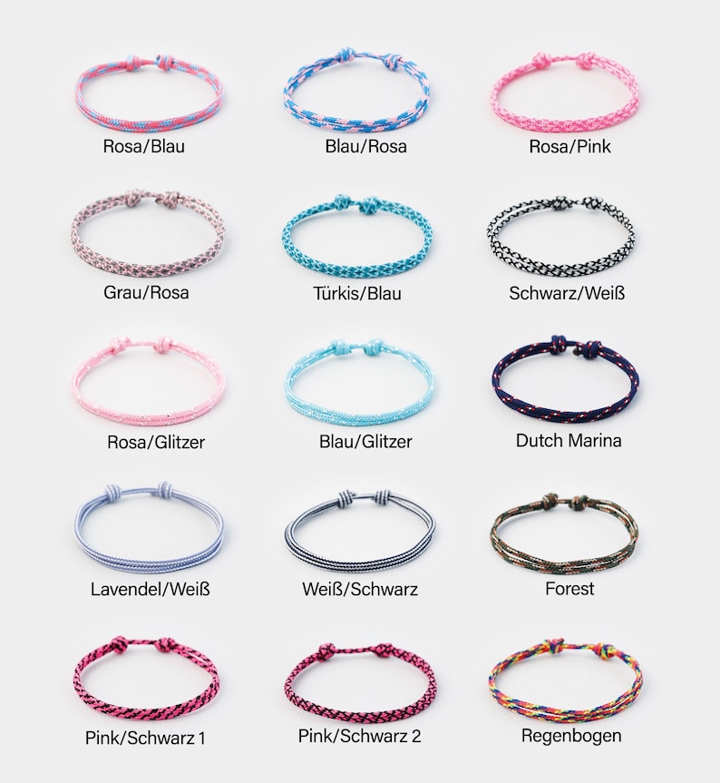 May include: A collection of 15 colorful friendship bracelets with various patterns and colors, including pink, blue, gray, black, white, turquoise, glitter, and rainbow. The bracelets are made of string and have a knot at the end.