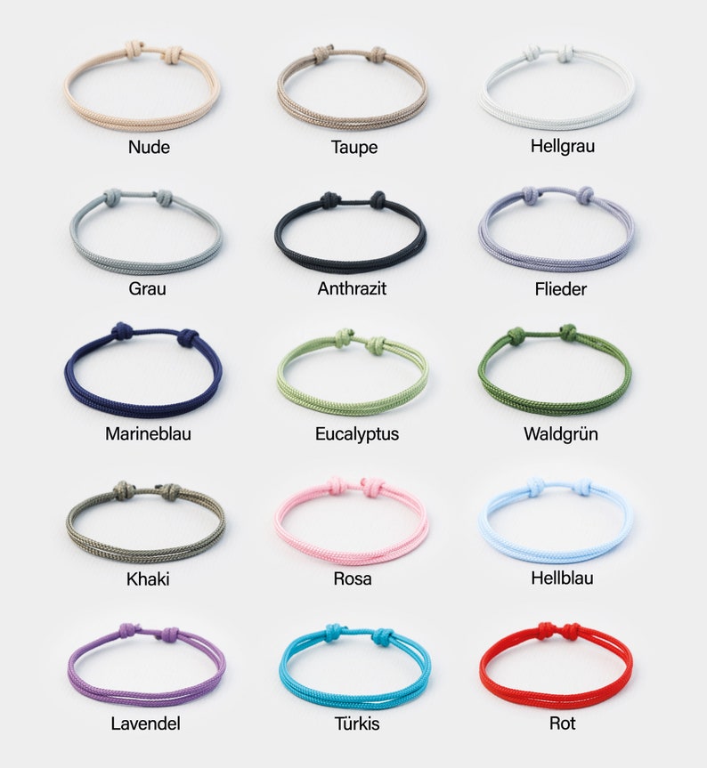 May include: A set of 15 colorful braided bracelets in various colors, including nude, taupe, light gray, gray, charcoal, lavender, navy blue, eucalyptus green, forest green, khaki, pink, light blue, turquoise, and red.
