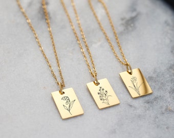 Birth Flower Necklace • Personalized Engraving • Floral Necklace • Rectangle Necklace • Name Necklace • Flower Necklace • Shiny Matt • K551