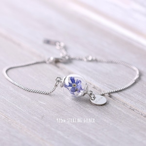 Personalized bracelet with real forget me not, custom , Remember Bridesmaid Gifts Personalized Jewelry Bracelet gift for her A050 925 Silver