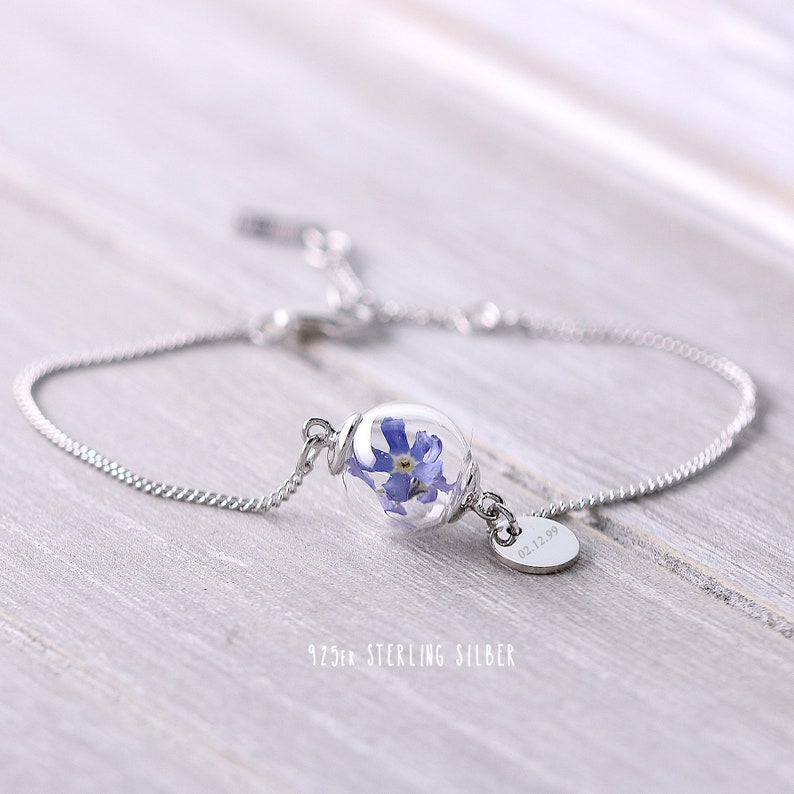 Personalized bracelet with real forget me not, custom , Remember Bridesmaid Gifts Personalized Jewelry Bracelet gift for her A050 925 Silver