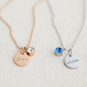 Personalized Necklace with Birthstone - Custom Engraving Necklace - Stainless Steel - Glossy - Engraved Necklace - Name Necklace - MK006