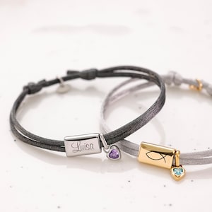 Bracelet en satin personnalisé avec une gravure et une pierre de naissance - Cadeau de communion avec une carte - Confirmation -  - LW066