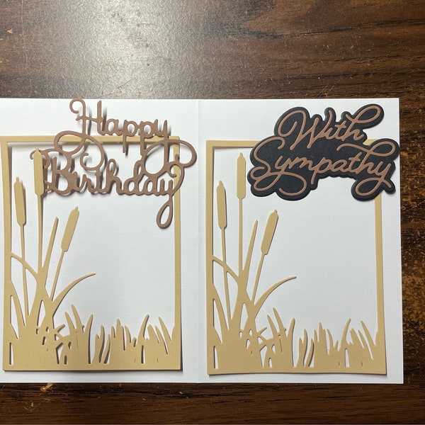 Set of 2 cattail frame cardstock with sentiments - card overlays - Die Cuts ~ Card Stock Die Cut ~ Card or Scrapbooking Embellishment.