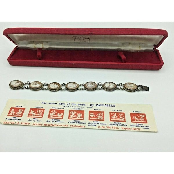 Vintage Seven Days of the Week Cameo 800 Sterling Bracelet By Raffaello w/Box