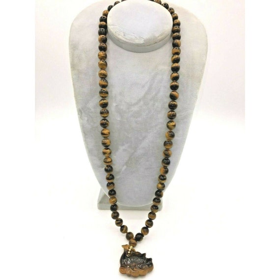 Tiger Eye 15 1/2 Inch 10mm Necklace with Carved Ti