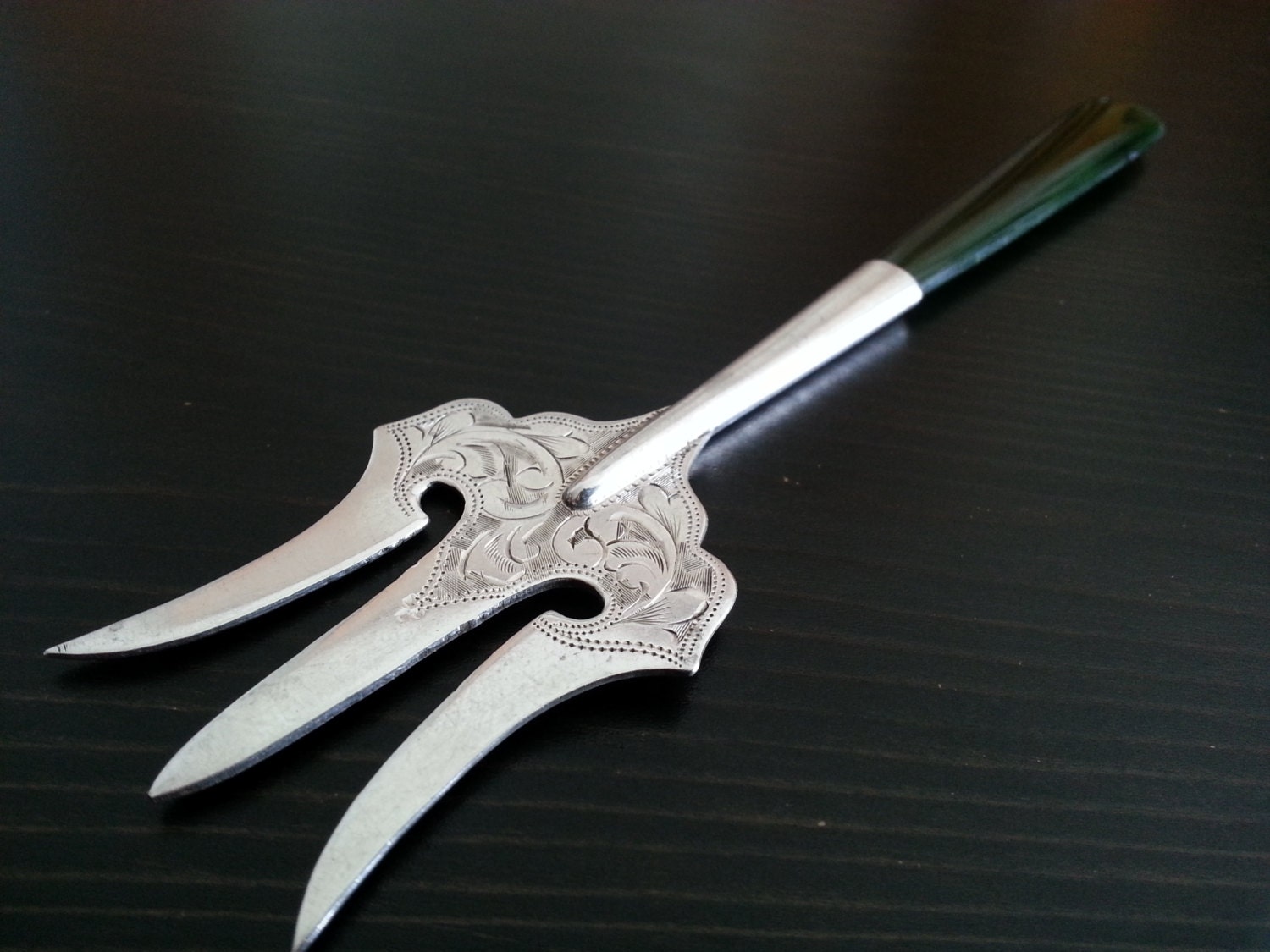 Image of Art Nouveau C.1912 Solid Silver Fork & Jade Nephrite Handle Birmingham British 925 Sterling Antique Superb