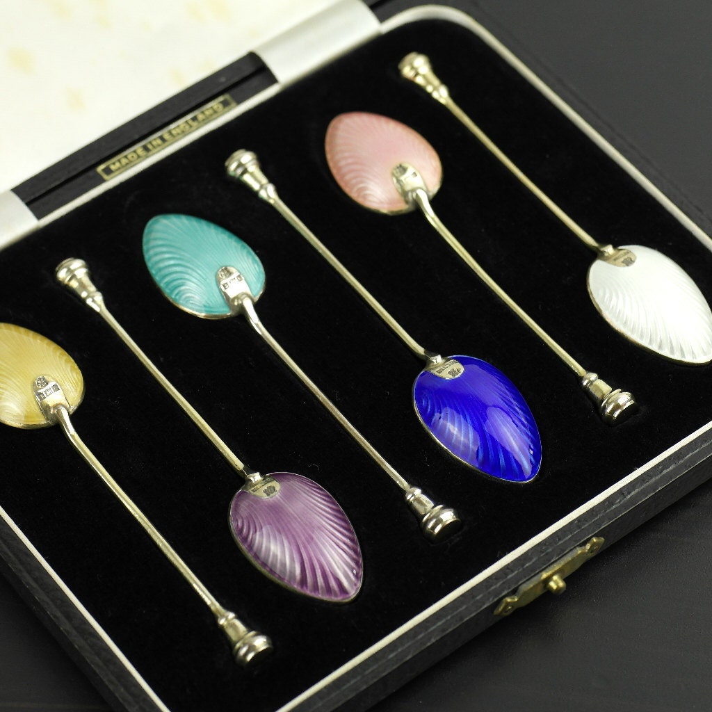 Image of Vintage C.1961 Retro Set Of Six Gold Plated Sterling Silver Enamel Spoons British Empire Barker Bross