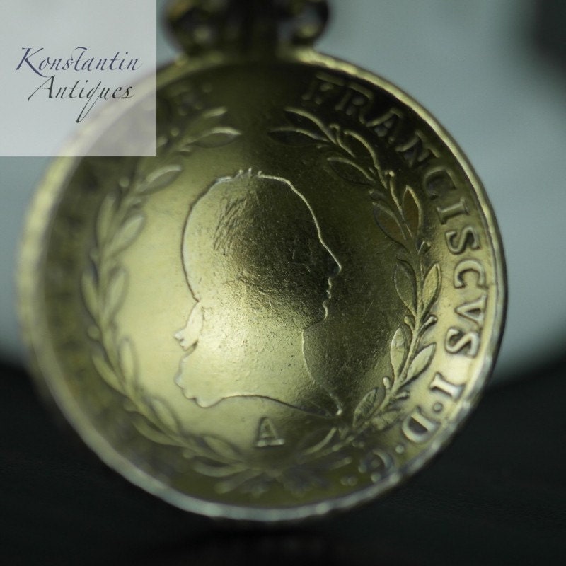 Image of Antique 1808 Gold Plated Solid Silver 20 Kreuzer Coin Spoon Franciscvs Austrian Holy Rome Empire 800