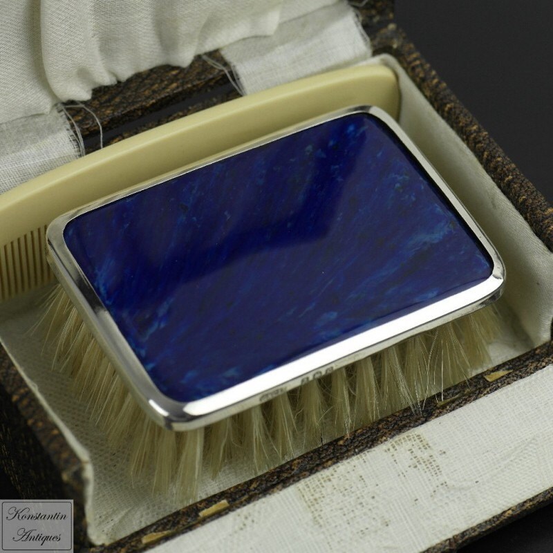 Image of Antique C.1927 Sterling Silver & Lapis Lazuli Brush Birmingham British Empire