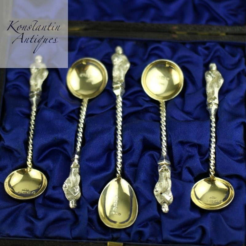 Image of Antique 1883 Sterling Silver Gold Plated Apostle Spoons 4+1 Set Boxed