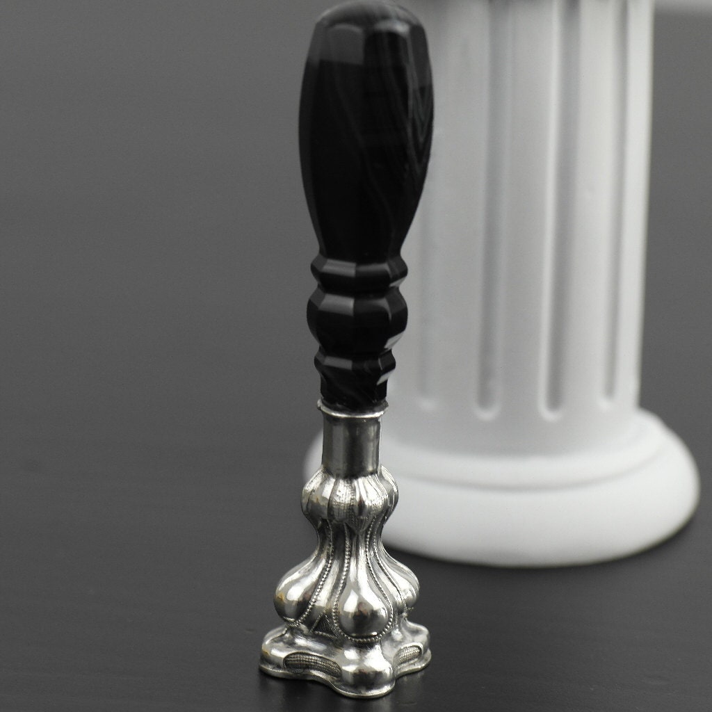 Image of Antique Solid Silver Natural Agate Handle Seal Wax Stamp