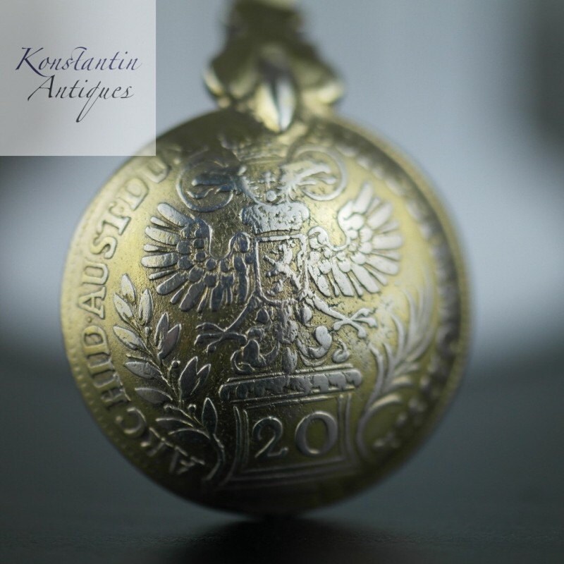 Image of Antique 1757 Gold Plated Solid Silver 20 Kreuzer Coin Spoon Theresia Austrian Holy Roman Empire 800