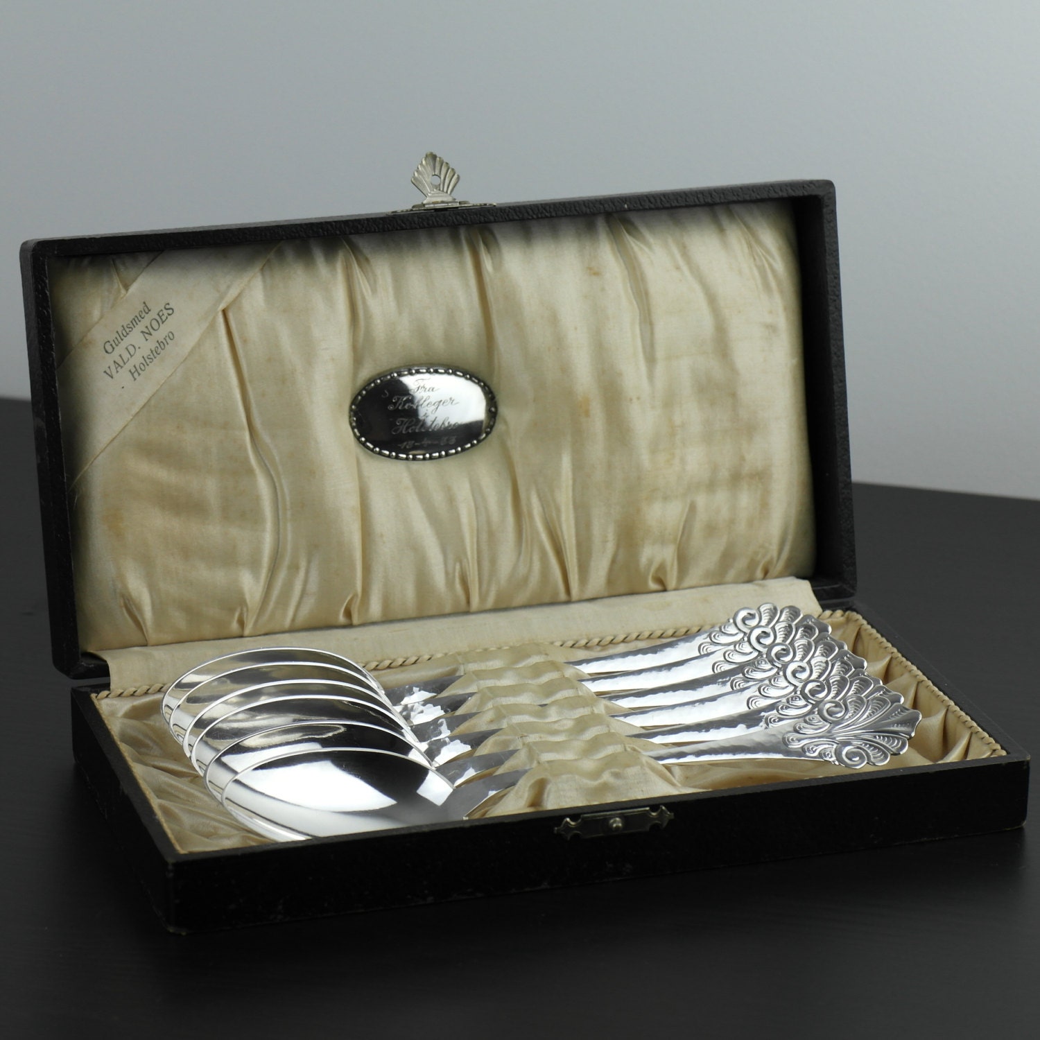 Image of Antique C.1933 Set Of Six Sterling Silver Table Spoons Denmark Guldsmed Vald. Noes