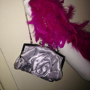 Vtg 90&#39;s ROMANTIC RETRO silver satin ROSE mini purse hand bag