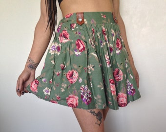 Vtg 90's GRUNGE DOLLY green floral mini skirt XS/S