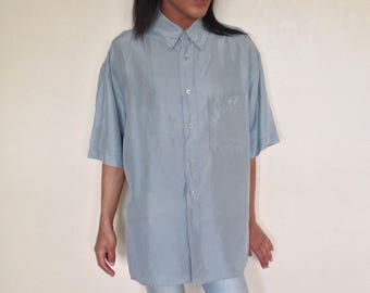 Vtg 90's MINIMALIST light grey pure SILK shirt L