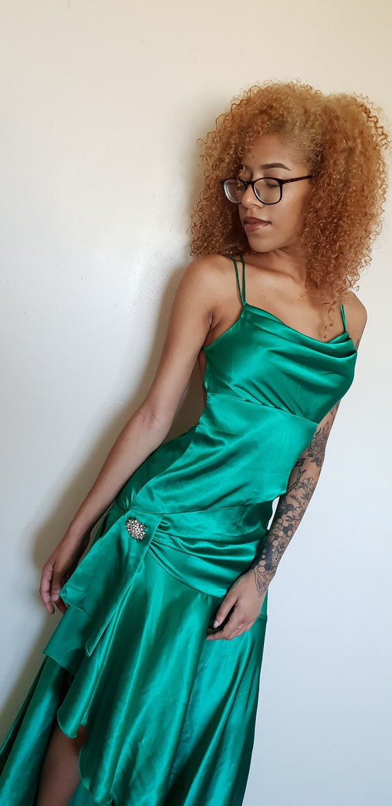 Vtg 90's GLAM PARTY Mermaid green satin low back … - image 6