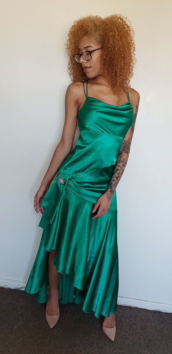 Vtg 90's GLAM PARTY Mermaid green satin low back … - image 5