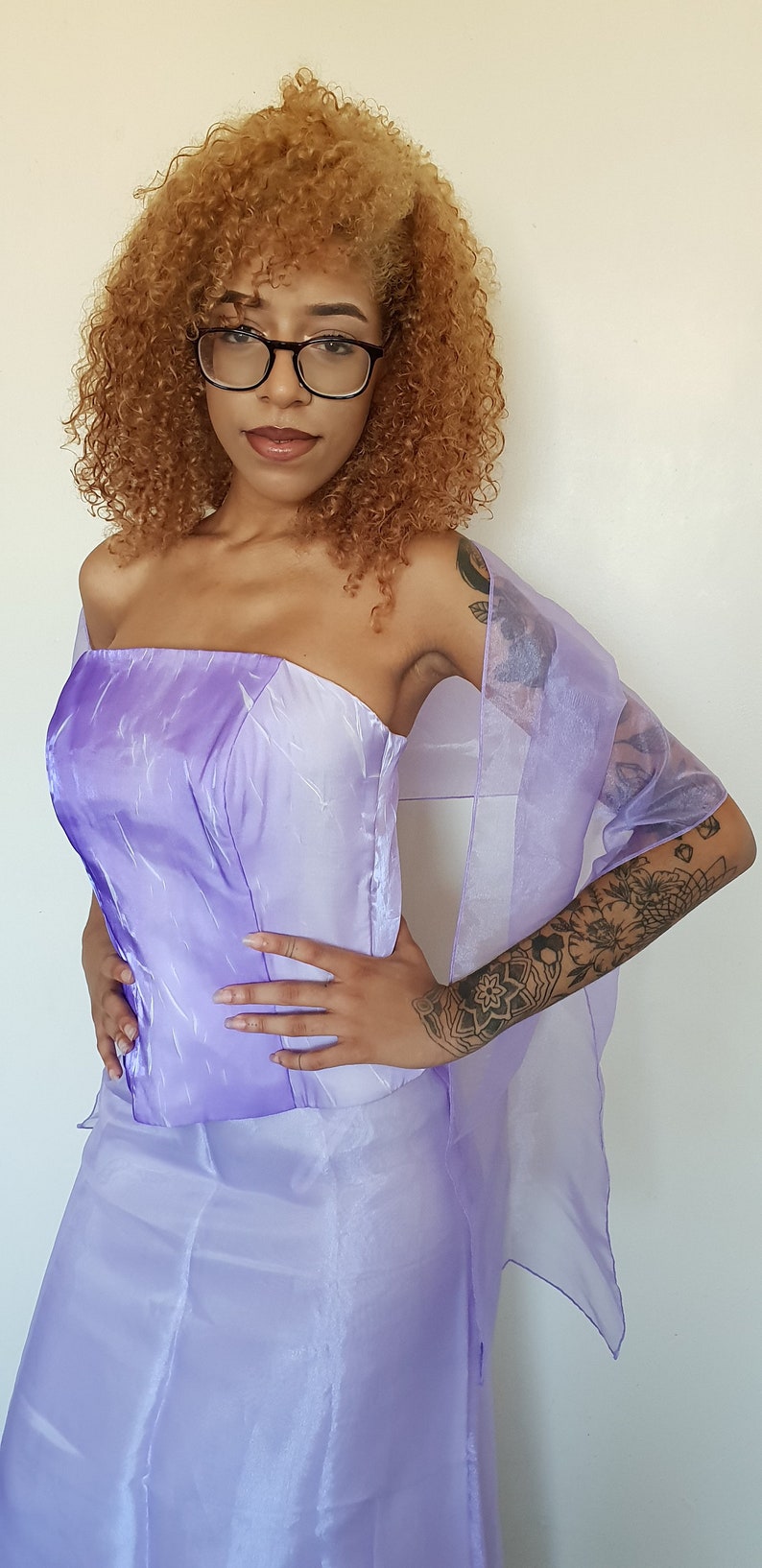 Vtg 90/'s ROMANTIC RETRO lilac sparkle organza 3 piece corset skirt matching shawl XS