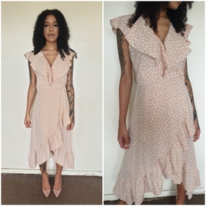 Vtg 90&#39;s MINIMALIST Romantic beige white polka dot wrap over FRILLY long dress L