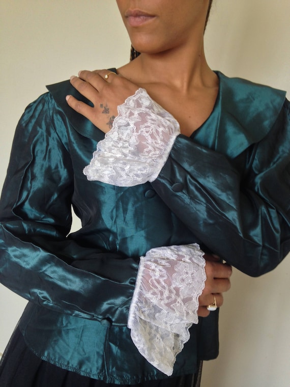 Vtg 80's GOTH ROMANTIC forest green taffeta antiqu