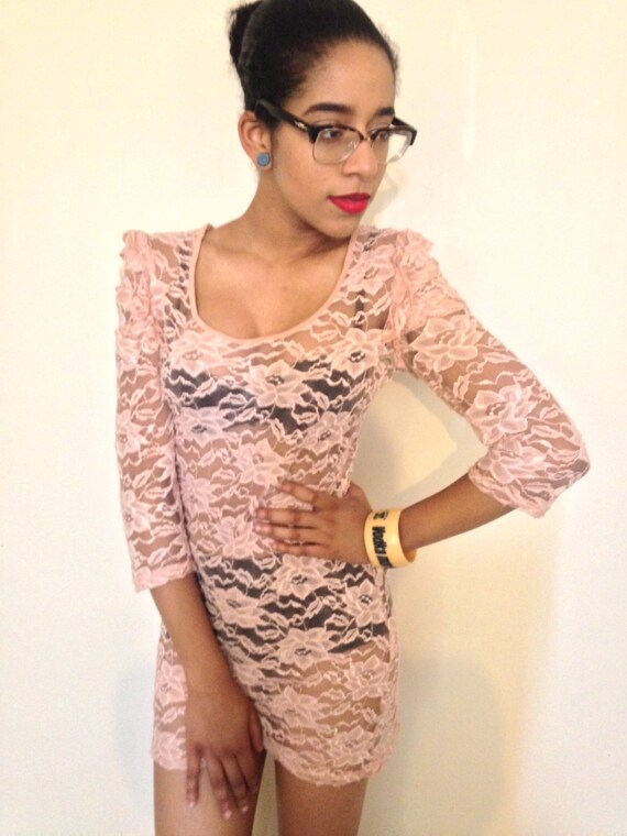 Vtg 90 s Peaches and Cream Neutral Lace Bodycon Mini Dress M