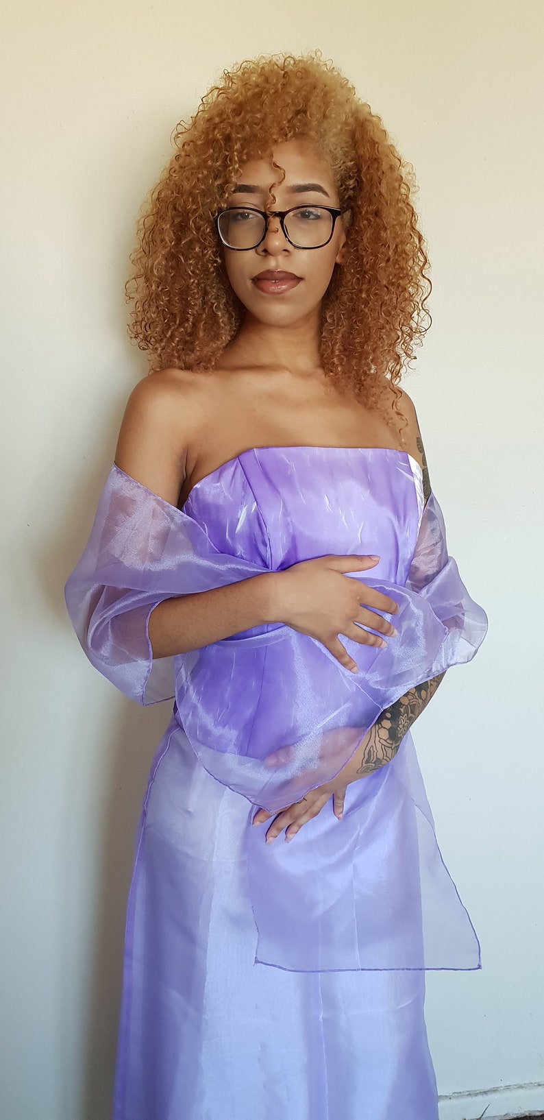 Vtg 90/'s ROMANTIC RETRO lilac sparkle organza 3 piece corset skirt matching shawl XS