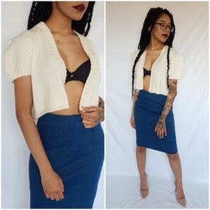 Vtg 70&#39;s RETRO BOHEMIAN cream hand knitted cropped bolero cardigan S/M/L