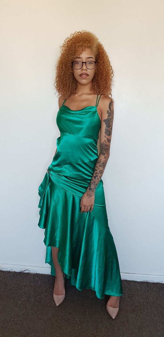 Vtg 90's GLAM PARTY Mermaid green satin low back … - image 2