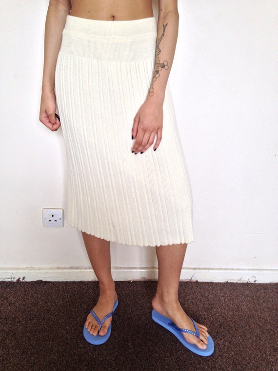 Vtg 70's BOHEMIAN RETRO ivory knitted pleated mid… - image 2