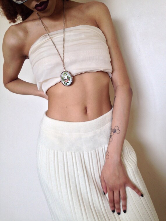 Vtg 70's BOHEMIAN RETRO ivory knitted pleated mid… - image 5
