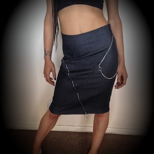 Vtg 90&#39;s GRUNGE denim zipper O-ring low waist pencil skirt S