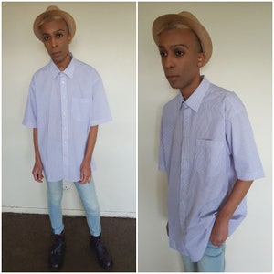 Vtg 90&#39;s MINIMALIST PREPPY white purple striped shirt L