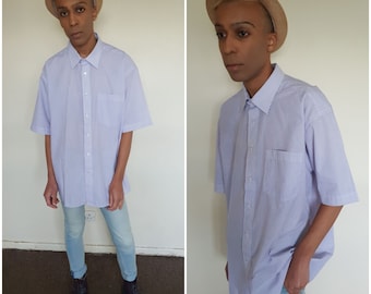 Vtg 90er Jahre MINIMALIST PREPPY weiß lila gestreiftes Hemd L