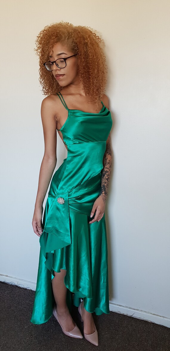Vtg 90's GLAM PARTY Mermaid green satin low back … - image 3
