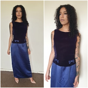 Vtg 80er RETRO blaue Schleife Maxi Kleid S