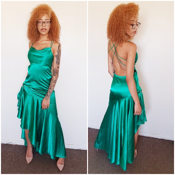 Vtg 90's GLAM PARTY Mermaid green satin low back … - image 1