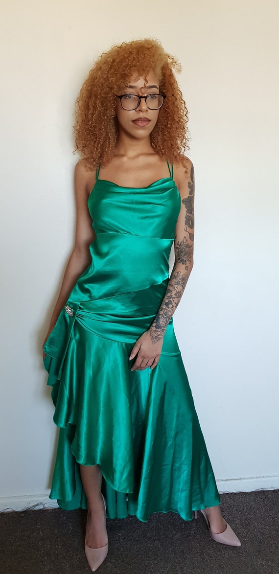 Vtg 90's GLAM PARTY Mermaid green satin low back … - image 4