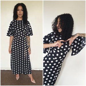 Vtg 90&#39;s RETRO HIPPIE black white polka dot Angel sleeves Romantic long dress XS