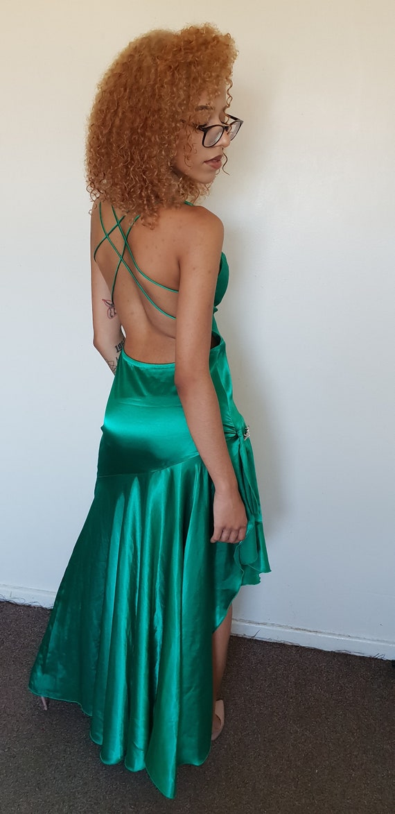 Vtg 90's GLAM PARTY Mermaid green satin low back … - image 8