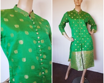 Vtg 90's HIPPIE BOHEMIAN Boho green embroidered kaftan dress M