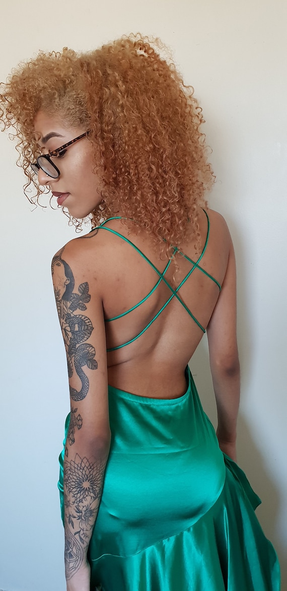 Vtg 90's GLAM PARTY Mermaid green satin low back … - image 10