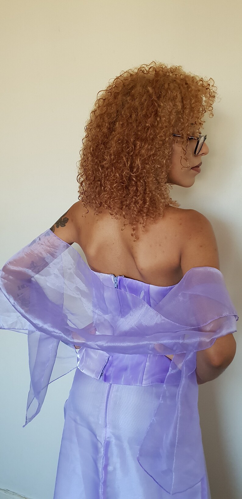 Vtg 90/'s ROMANTIC RETRO lilac sparkle organza 3 piece corset skirt matching shawl XS