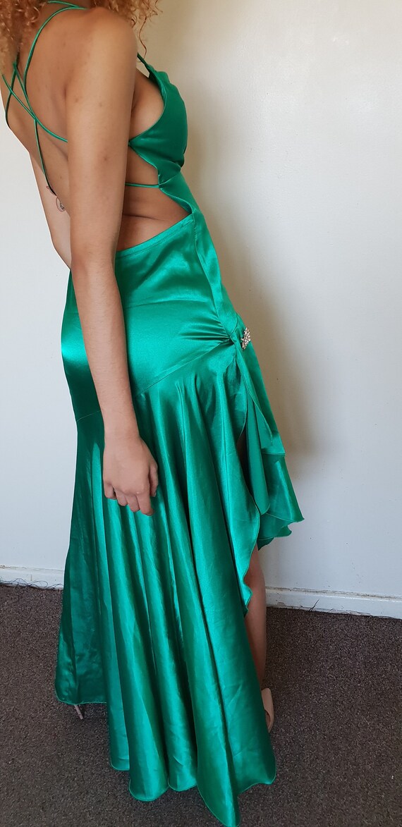 Vtg 90's GLAM PARTY Mermaid green satin low back … - image 9