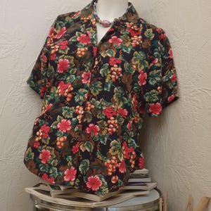 Vintage 90er Jahre Hawaii Retro Schwarz Blumen Bluse Shirt L