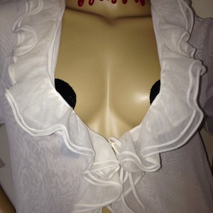 May include: A white sheer top with ruffled trim and a red dripping blood-like choker necklace.
